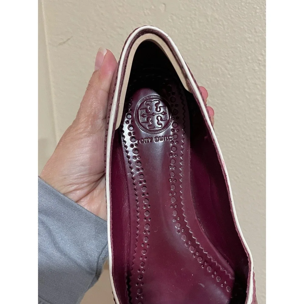 Tory Burch Burgundy White Wingtip Ballet Flats Women's Pointed Toe Buckle Detail